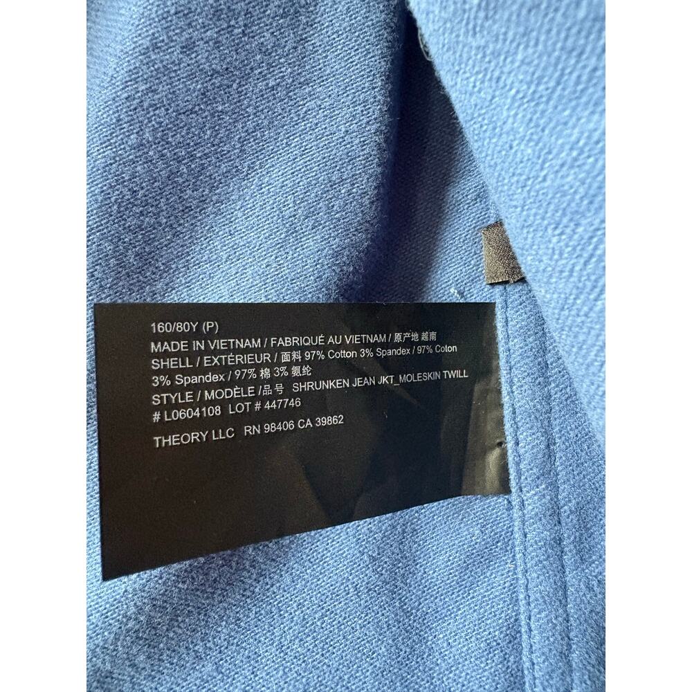 Theory Shrunken Jean Jacket Blue Moleskin Twill Size P/XS - Picture 9 of 9